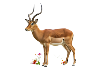 A stunning impala, with graceful horns, stands majestically against a black backdrop, surrounded by vibrant wildflowers, showcasing a beautiful wildlife subject.
