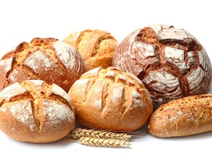 Assortment of fresh baked bread loaves, with wheat stalks