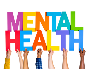 Diverse hands lift colorful letters spelling "MENTAL HEALTH" against a dark background