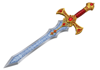 Ornate, decorative sword with a silver blade, detailed carvings, and vibrant red and gold accents.