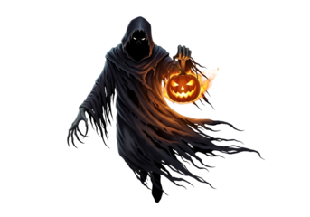 A shadowy figure, draped in a tattered robe, holds a glowing jack-o'-lantern against a stark black background.