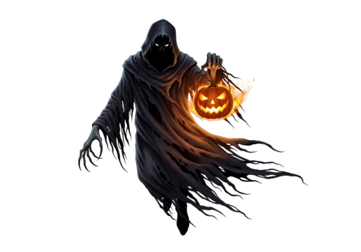 A shadowy figure, draped in a tattered robe, holds a glowing jack-o'-lantern against a stark black background.