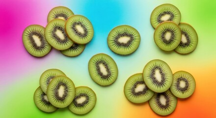 Several kiwi fruit slices are arranged against a vibrant gradient background blending shades of pink, blue, green, and orange, creating a visually appealing composition.