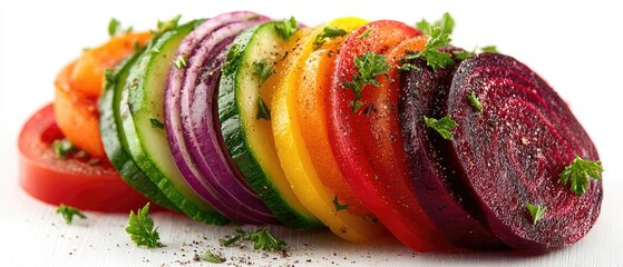 Sliced colorful veggies, rainbow style, parsley garnish