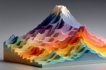 Colorful layered paper mountain range with snow-capped peak against a gray background