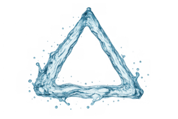 Water creating an abstract triangle shape with splashes, representing purity, fluidity, movement, and a refreshing concept on a transparent background