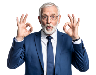 Ecstatic older man with beard in suit makes 'okay' hand gestures against a plain, dark background, looking at camera