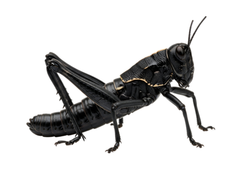 A detailed close-up shot of a striking black grasshopper, showcasing its intricate body structure against a stark black background.