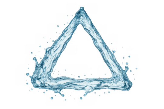 Water creating an abstract triangle shape with splashes, representing purity, fluidity, movement, and a refreshing concept on a transparent background