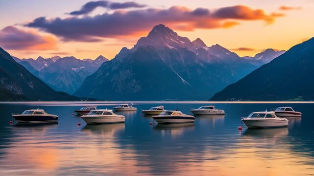 Boats bob at sunset lake, mountains loom, warm colors reflect in the water