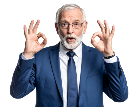 Ecstatic older man with beard in suit makes 'okay' hand gestures against a plain, dark background, looking at camera