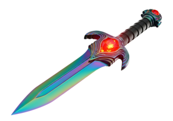 A stylized, iridescent sword with glowing red gem accents displays intricate details against a dark background.
