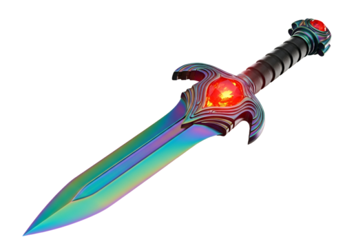 A stylized, iridescent sword with glowing red gem accents displays intricate details against a dark background.