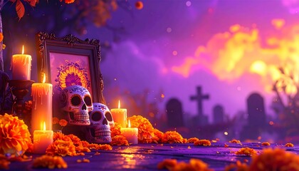 Realistic night altar with candles, sugar skulls, and marigold petals for Day of the Dead