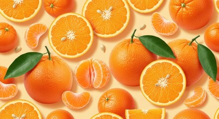Delicious, ripe oranges, sliced, whole, and in segments, arranged on a light orange background with green leaves and seeds, creating a vibrant and appetizing food illustration.