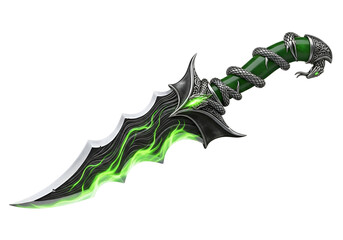 A stylized, ornate dagger with a jade-like handle and intricate silver detailing, highlighted with vibrant green flames, sits against a black backdrop.