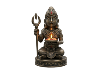 A bronze-toned figurine of a seated deity, holding a bowl with a lit candle and a trident, presented against a black backdrop.