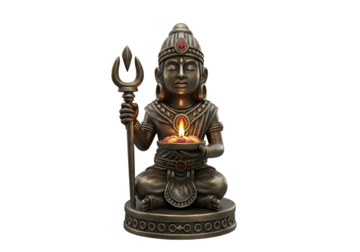 A bronze-toned figurine of a seated deity, holding a bowl with a lit candle and a trident, presented against a black backdrop.