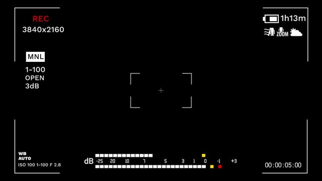 Horizontal 16:9 professional camera viewfinder screen with detailed 4k data, audio levels, and focus brackets. For filmmaking or tech concepts