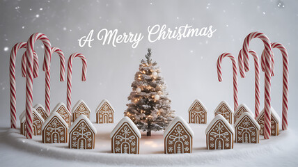 A festive Christmas scene featuring gingerbread houses, candy canes, and a decorated tree on a snowy surface.