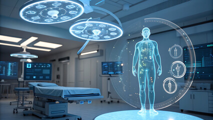 Futuristic operating room with hologram of human body for medical analysis
