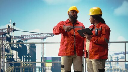 Portrait of happy offshore platform specialists using device app to reduce downtime. Happy coworkers use tablet application integrating sensor readings to manage industrial barge operations, camera A