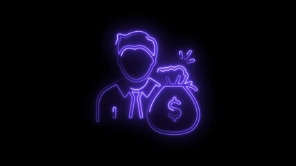 Neon man holding money bag with dollar sign on black background animated