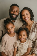 Fototapeta premium Confident African American family portrait captured in formal studio session with minimal clean background perfect for inclusive branding and teamwork concepts.