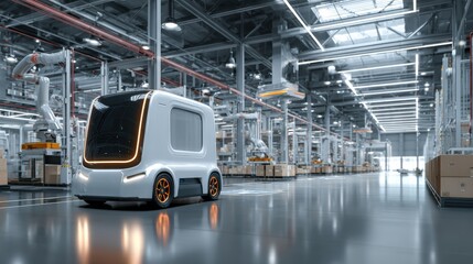 Autonomous delivery vehicle operating inside futuristic logistics hub with robotic arms and IoT integration, perfect for next generation supply chain and smart city concept.