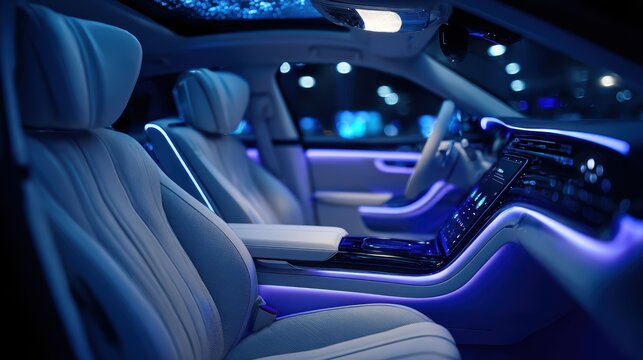 Elegant luxury vehicle interior with ambient blue lighting featuring comfortable premium seating and high tech digital displays for sustainable transportation concept and automotive design.