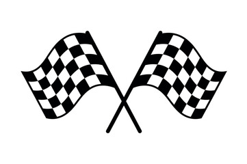 checkered flags crossed together as a finish line icon — simple black and white vector design representing car racing, competition, speed, and motorsport achievement graphics.