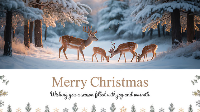 Deer family in a snowy forest during winter with Christmas greeting text