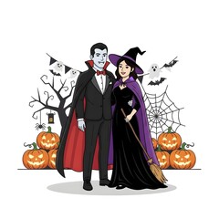 Happy Couple Dressed as Vampire and Witch for Halloween Party