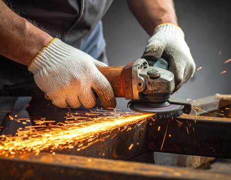 Close-up of hands using an angle grinder, producing sparks