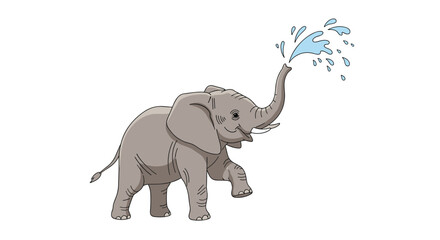 Naklejka premium A friendly cartoon elephant stands on a clean white background, raising its trunk and joyfully spraying water.