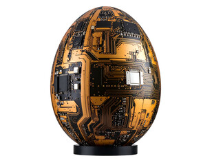 Egg-shaped object covered in golden circuit boards on a small black base, isolated on black background
