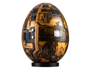 Egg-shaped object covered in golden circuit boards on a small black base, isolated on black background