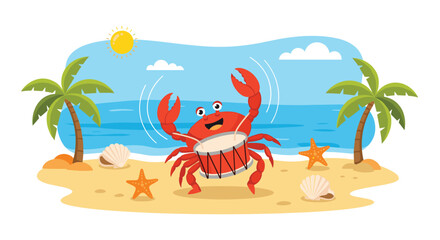 A happy red crab plays a drum on a sunny tropical beach scene, featuring palm trees, the ocean, and scattered seashells and starfish.