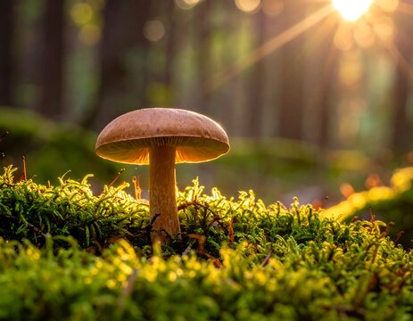 Close-up of mushroom in moss with sunlight backlighting a forest