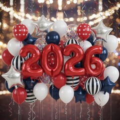 Festive and Colorful Display of Balloons and Stars Celebrating the Arrival of 2026
