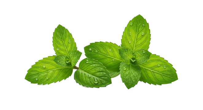 Fresh Mint Leaves With Water Droplets Isolated Green Herb