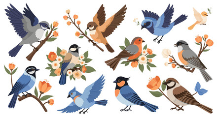 Obraz premium A beautiful collection of colorful spring birds perching on branches and flying amidst delicate flowers, perfect for nature-themed designs.