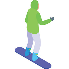 Green Hooded Jacket Snowboarder on Purple Board with Light Pants and Blue Boots in Full Body Isometric View Against White Background