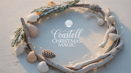 Coastal Christmas wreath with seashells, driftwood, and fairy lights on sandy background