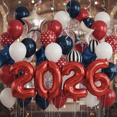 Exciting Party Scene with Eye-Catching Balloons and Stars Welcoming the New Year 2026
