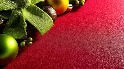 Red Christmas Background with Green Bow and Ornaments for Festive Decoration