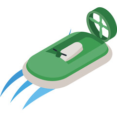 Green hovercraft with fan and steering wheel moving across water leaving blue trails on a white background isometric view