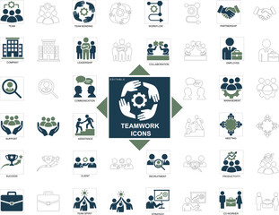 teamwork and collaboration icon set featuring group tasks, communication, leadership, project, meeting, management, partnership, remote, coordination, support, planning, and productivity visuals.