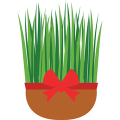 Green grass growing in a brown pot adorned with a red ribbon and bow on a transparent background symbolizing new life and growth