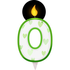 Green heart decorated number zero birthday candle with flame and black background isolated on white